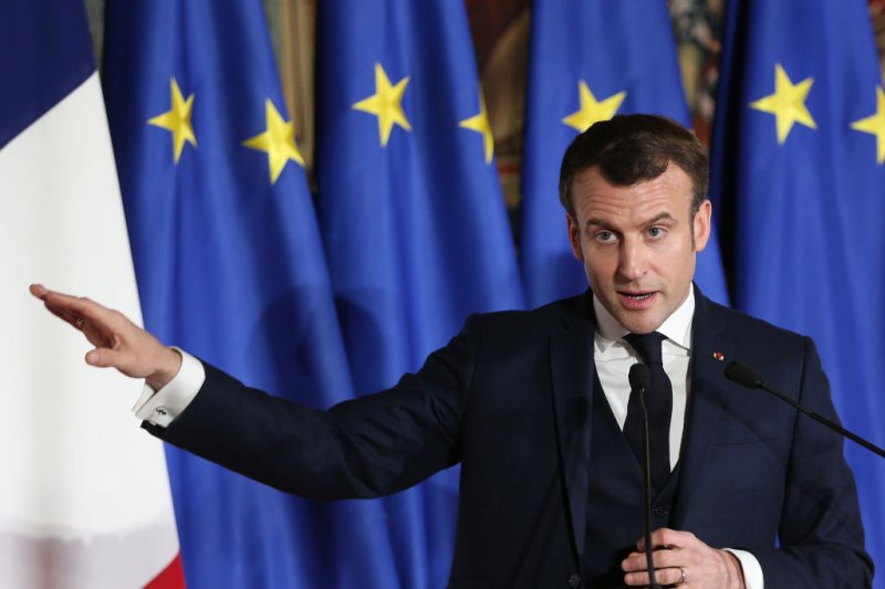 This file photo shows French President Emmanuel Macron during the press conference for the Italian-French summit in Naples on Feb. 27, 2020.
