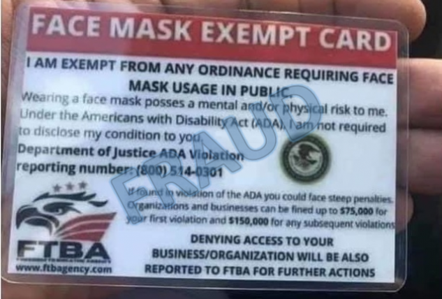 A photo of a fraudulent 'face mask exempt' card released by the U.S. Department of Justice on Thursday. (Photo courtesy of the U.S. Department of Justice)