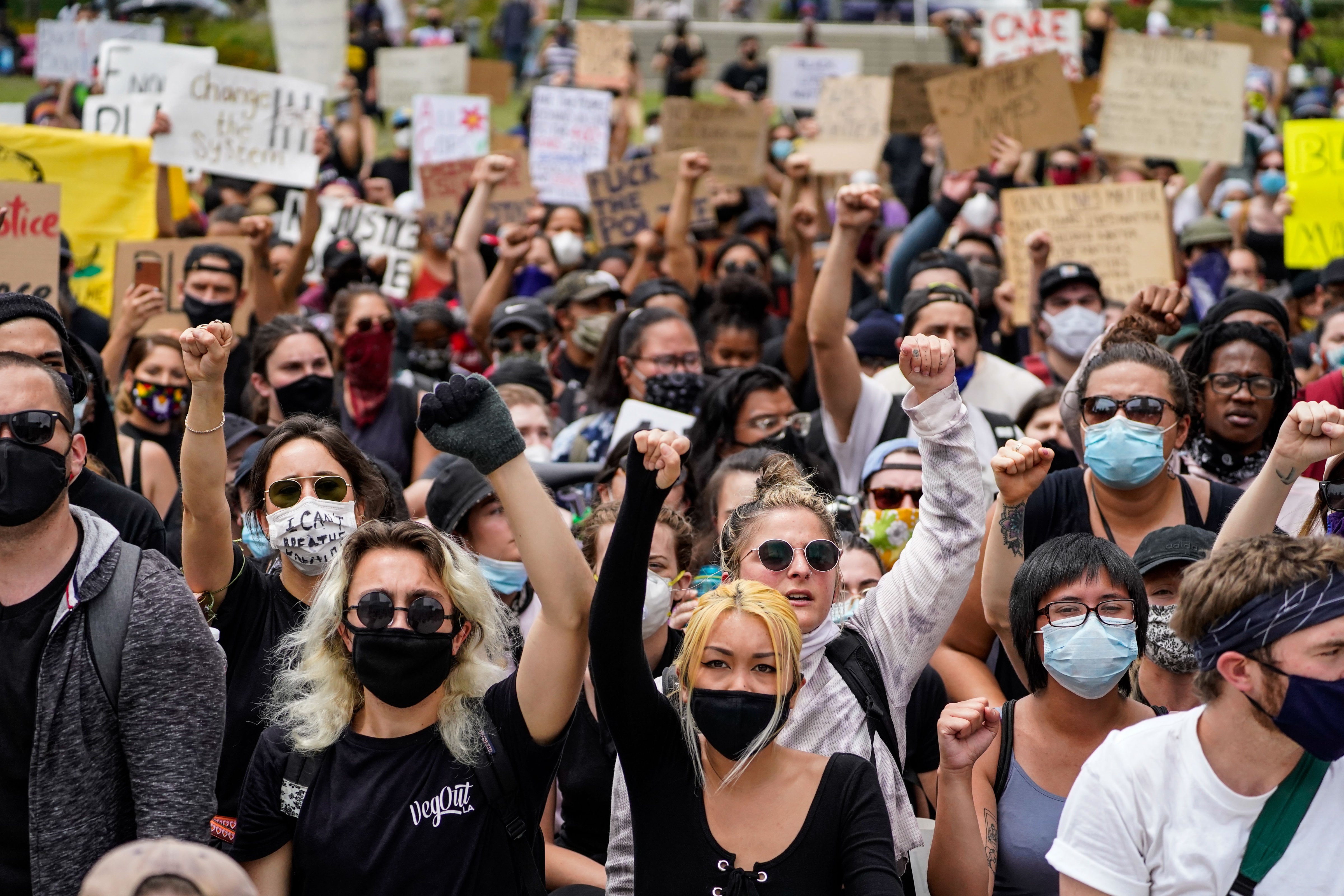 Demonstrators protest in downtown Los Angeles on June 2, 2020 (Kent Nishimura/Los Angeles Times—Getty Images)