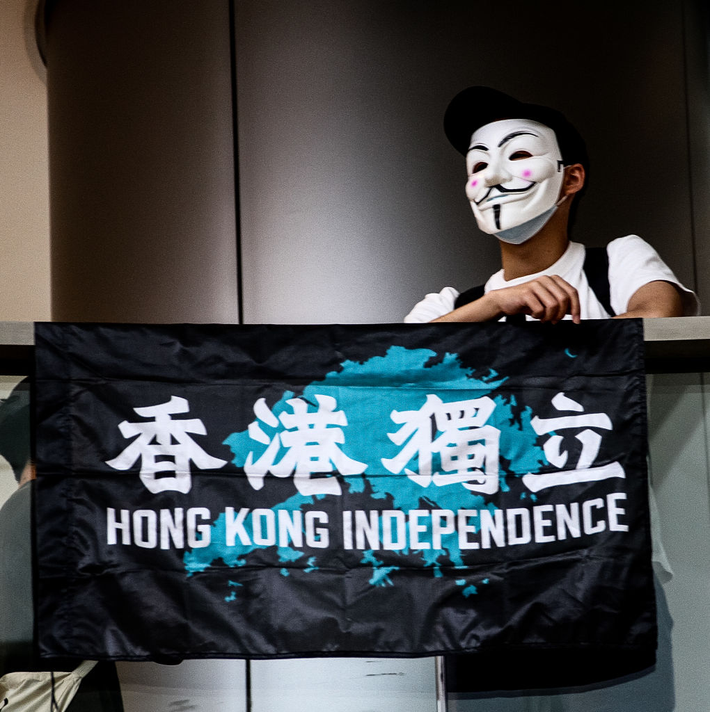 A protester holding up Hong Kong Independence flag, Lunch with You event, IFC Mall, Central, Hong Kong, May 29th, 2020. (Tommy Walker&mdash;NurPhoto/Getty Images)