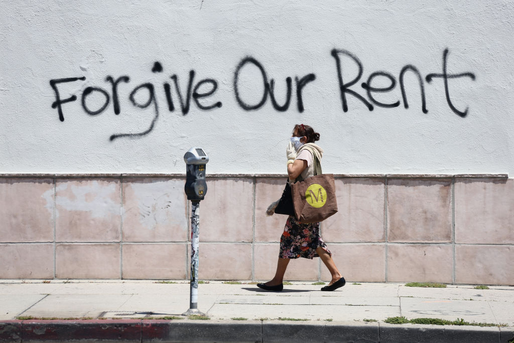 Graffiti supporting the rent strike appear on La Brea Ave. during the coronavirus pandemic on May 01, 2020 in Los Angeles, California. (Tommaso Boddi—Getty Images)