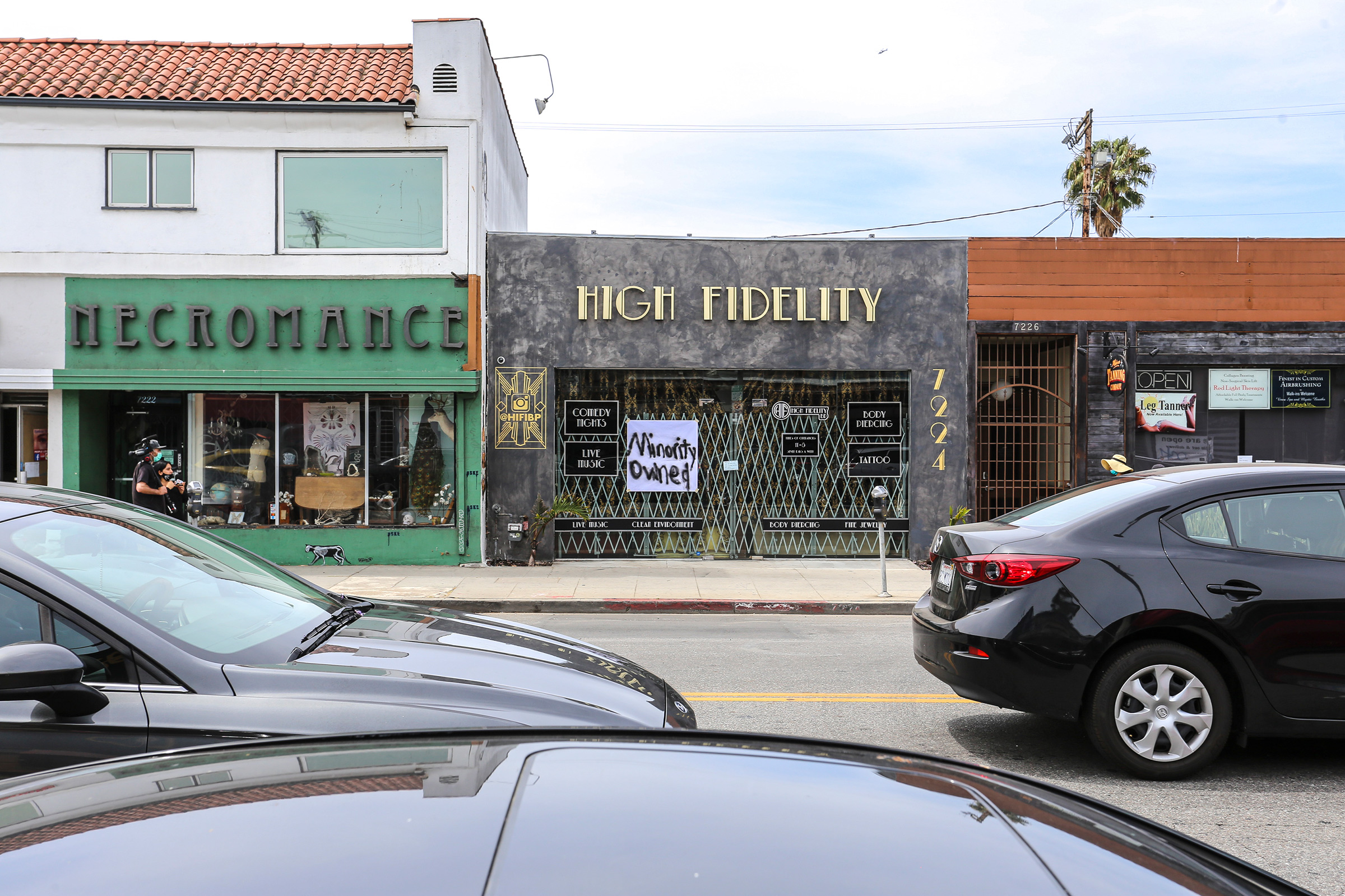 High Fidelity, a black owned business on Melrose Avenue, Los Angeles, displays a "Minority Owned" sign on May 31 (Desmond A. Hester—Sipa USA)