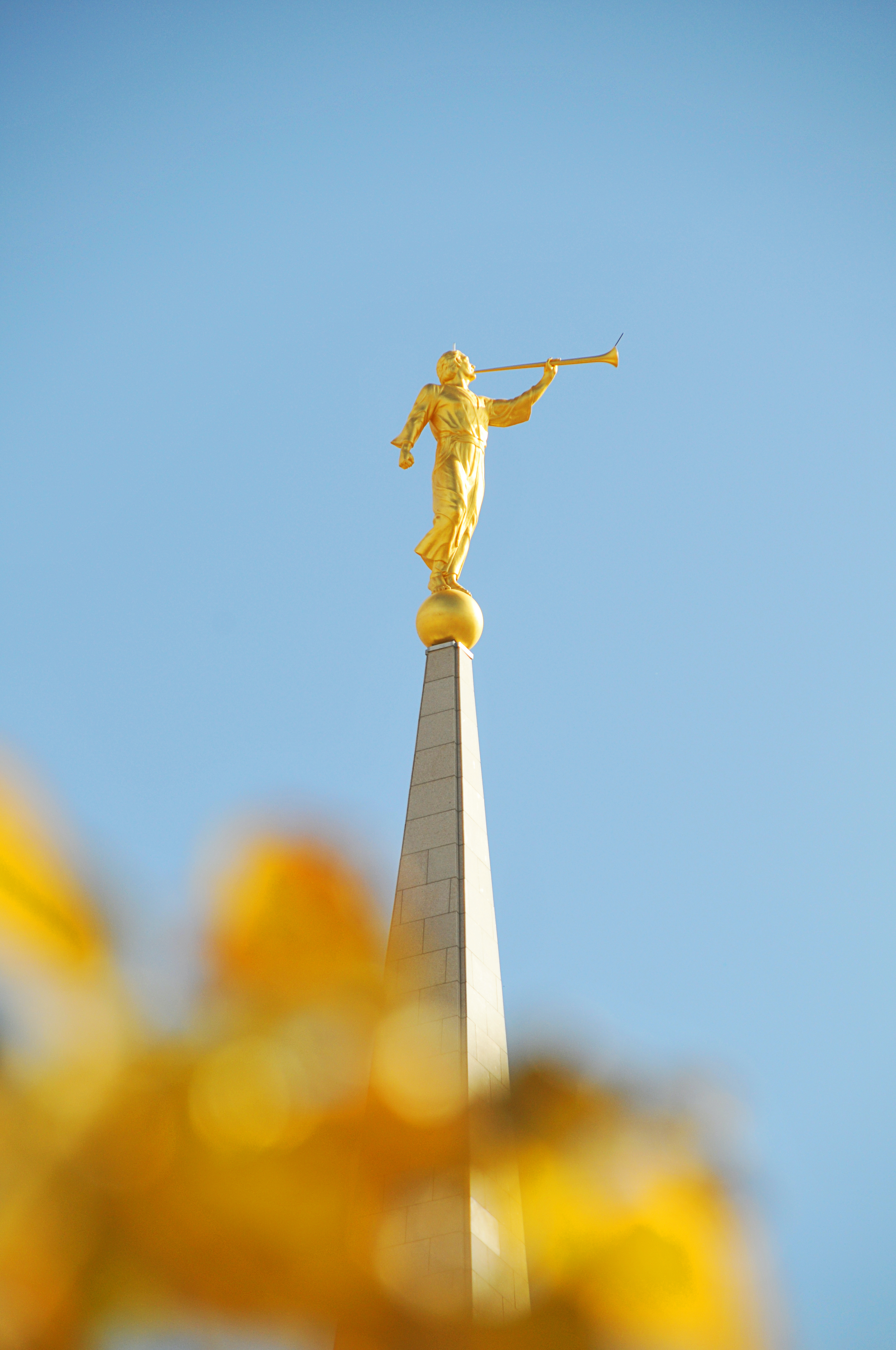 A shot of the Angel Moroni statue atop the Spire of The Oquirrh Mountain Utah Temple.