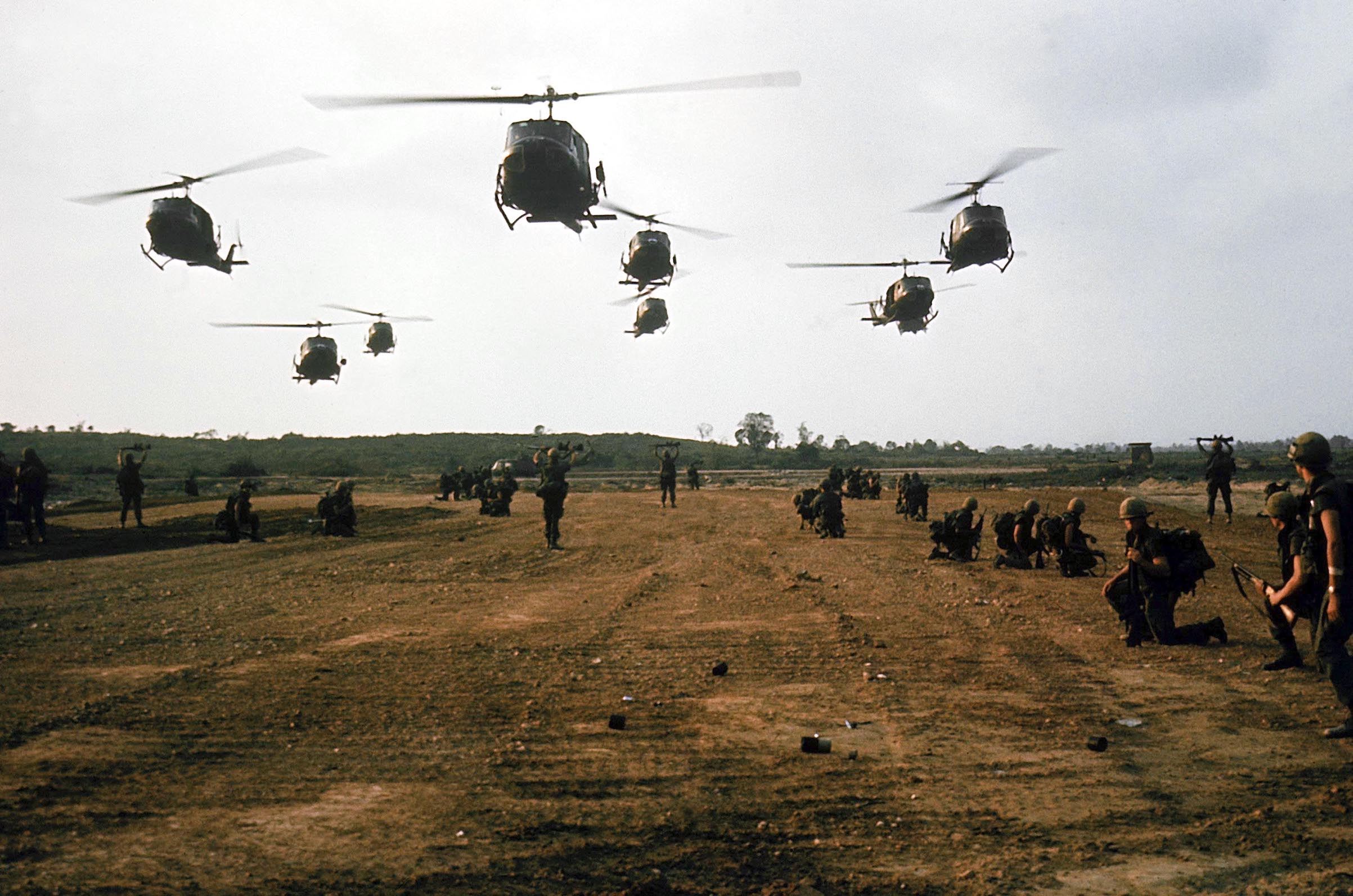 American military Bell UH-1D Iroquois ("Huey") helicopters in flight during the My Lai massacre on March 16, 1968 in My Lai, South Vietnam. (Ronald S. Haeberle—The LIFE Images Collection/Getty Images)