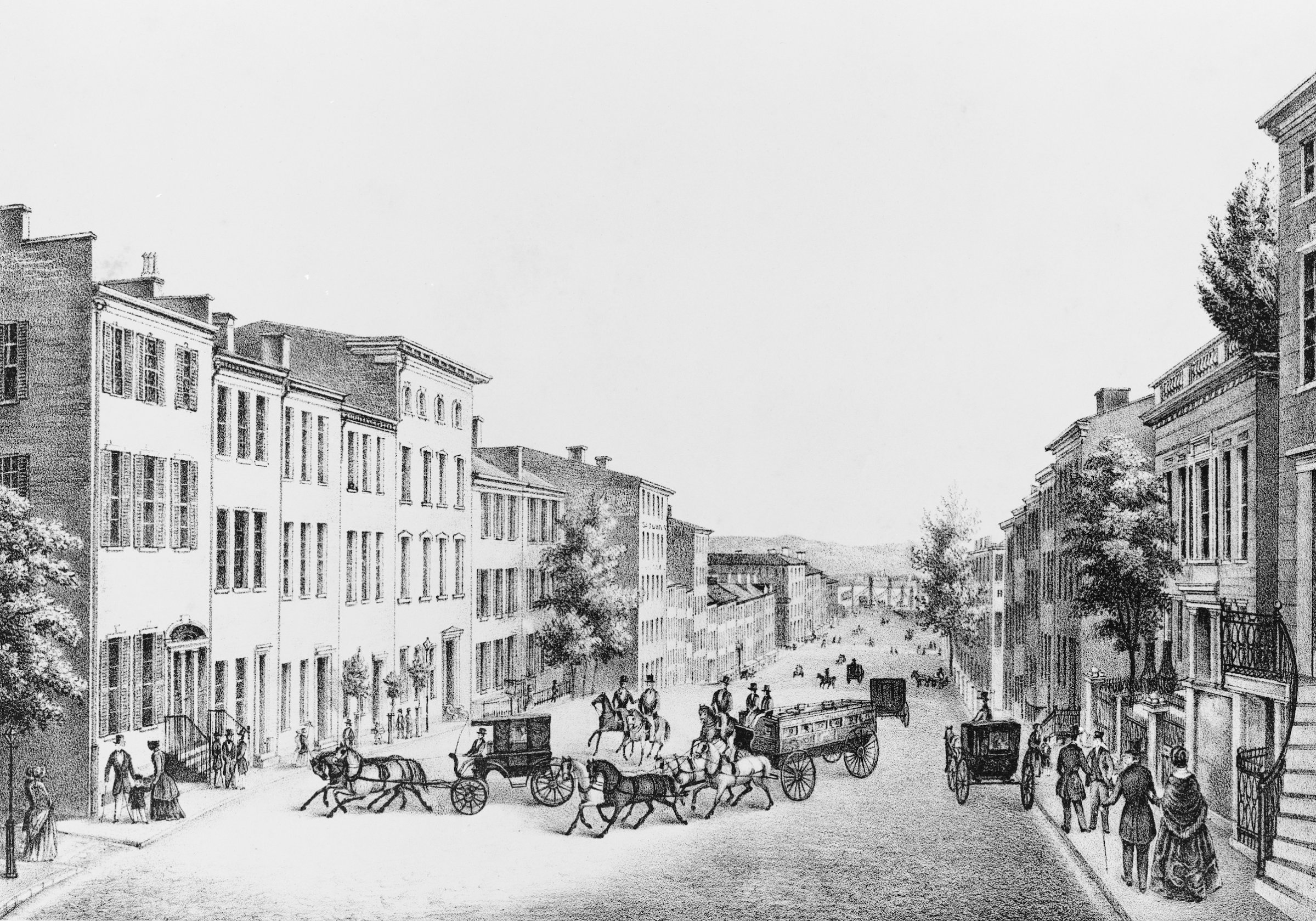 Lithograph Depicting Lower Broadway in the 1830s