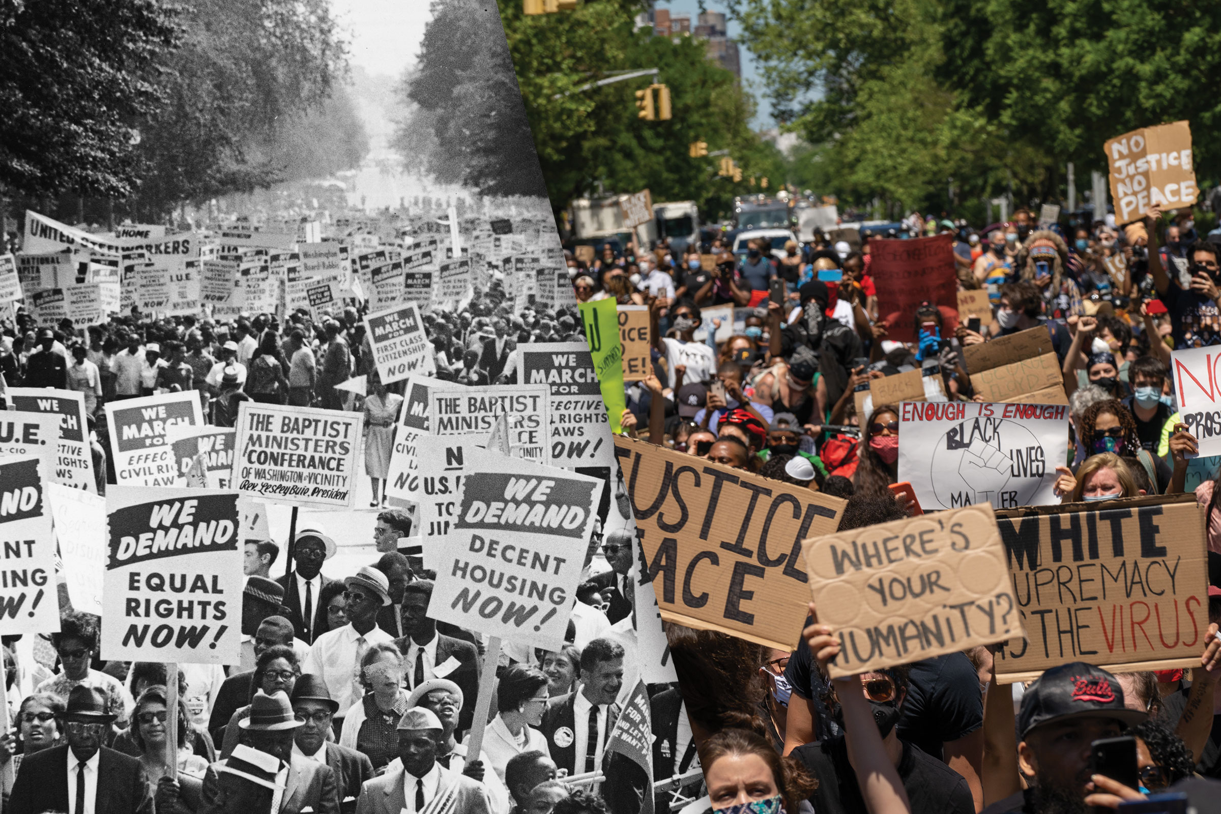 Left: Between 200,000 and 500,000 demonstrators march down Constitution Avenue during the March on Washington for Jobs and Freedom, Washington D.C., Aug. 28, 1963; Right: Protesters gather in Harlem to protest the recent death of George Floyd on May 30, 2020 in New York City. (Hulton Archive/Getty Images; David 'Dee' Delgado—Getty Images)