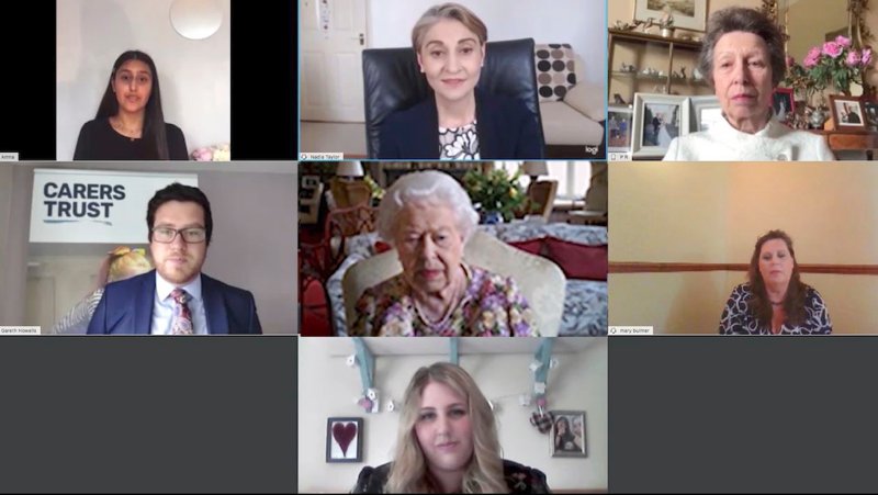 In this video grab, Britain's Queen Elizabeth II, centre, and the Princess Royal Princess Anne, top right, as they take part in a video call with carers supported by the Carers Trust, on June 4, 2020.