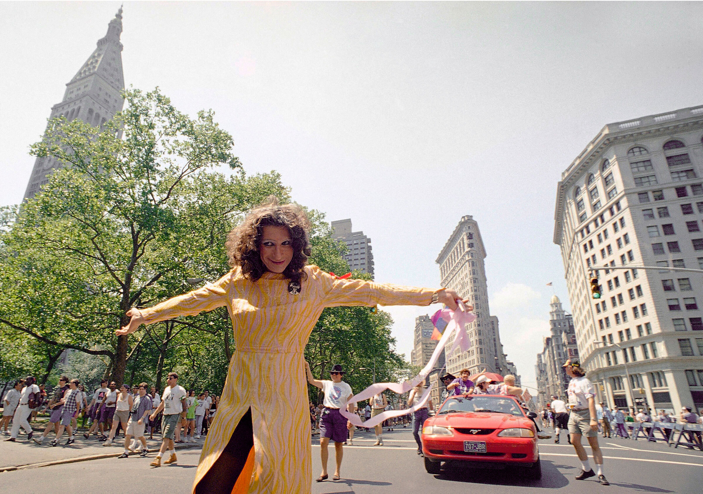Sylvia Rivera leads an ACT-UP march past Union Square in New York, on June 26, 1994.