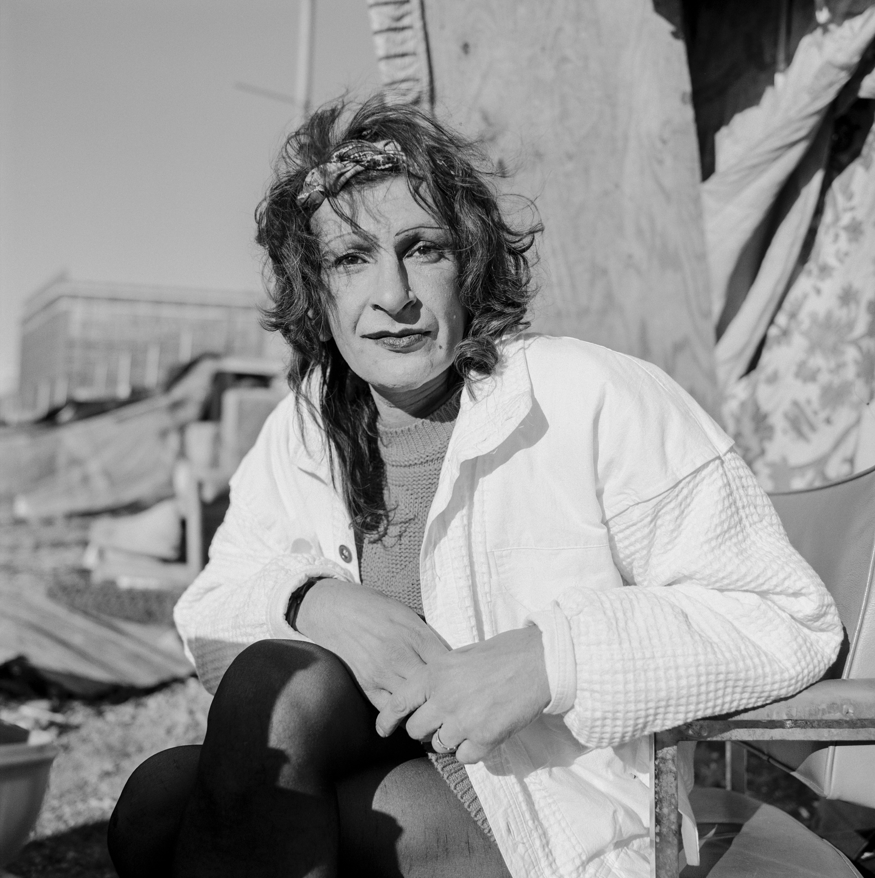 Sylvia Rivera at her Hudson riverfront home encampment in New York in 1996 (Val Shaff)