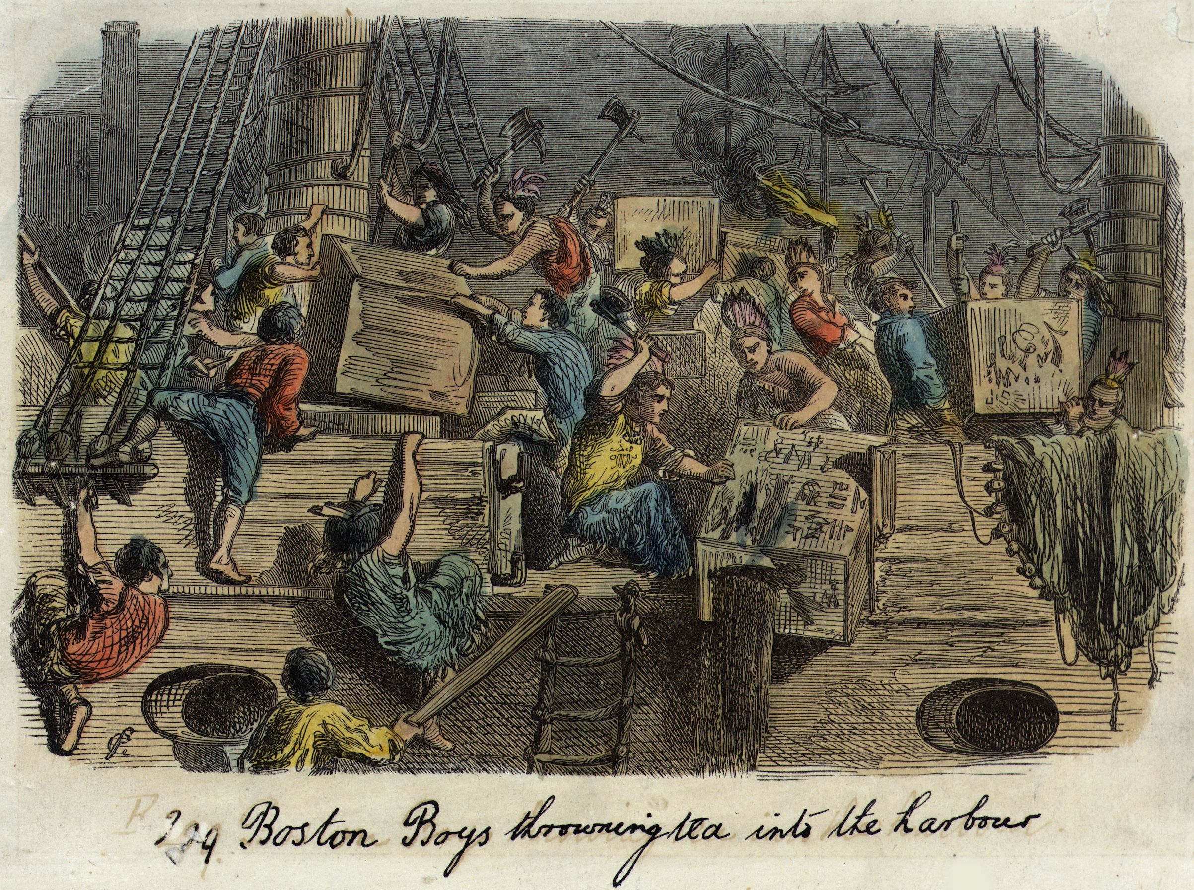 Illustration of the Boston Tea Party: A group of Bostonians, dressed as Native Americans, board a British ship laden with imported tea to throw the full crates into the harbor. (Getty Images)