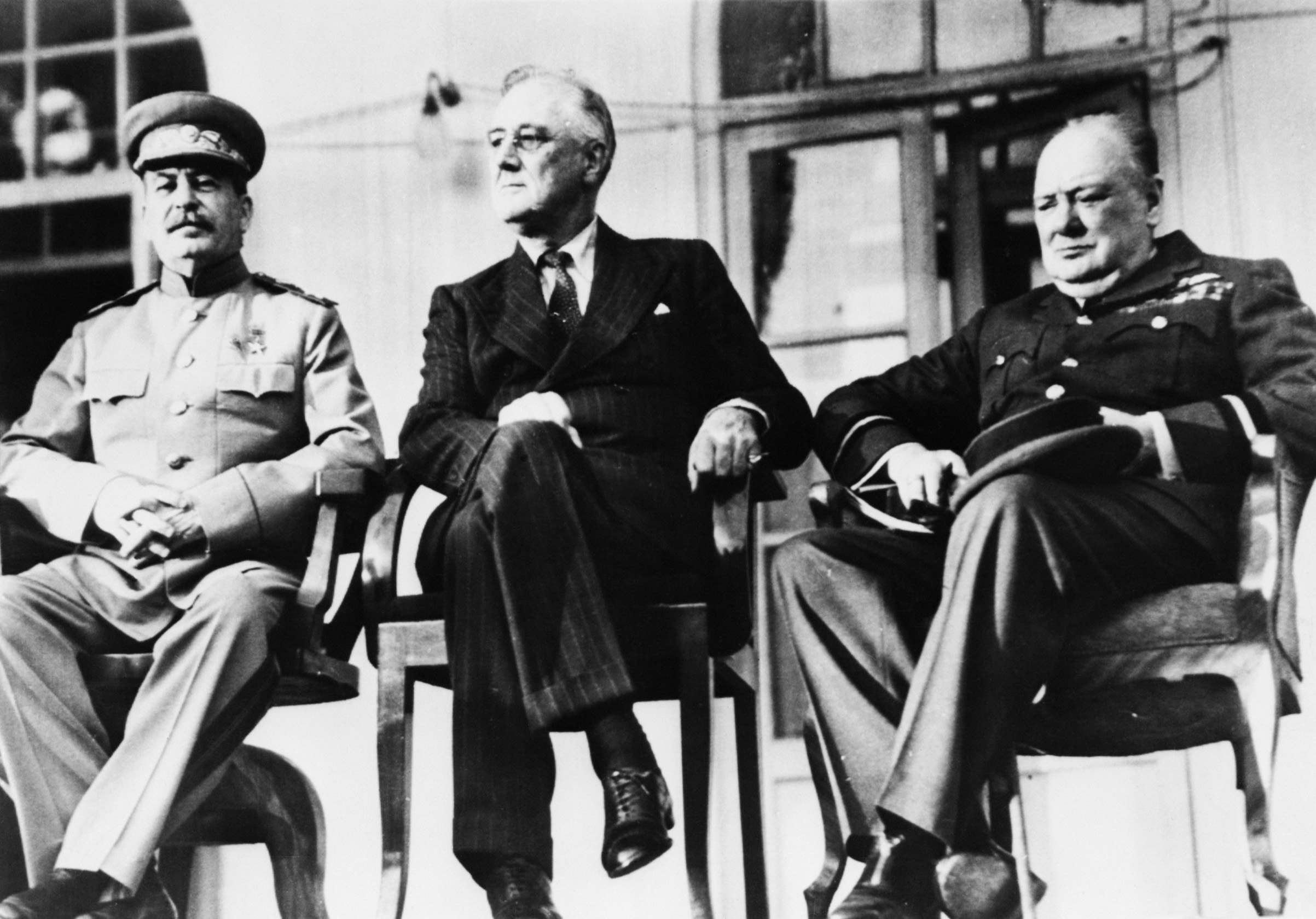 The historic meeting of the 'Big Three' in Teheran, Dec. 1943. Left to right: Soviet dictator Marshal Joseph Stalin (1879-1953), U.S President Franklin Delano Roosevelt (1882-1945) and British Prime Minister Winston Churchill (1874-1965). (Getty Images)