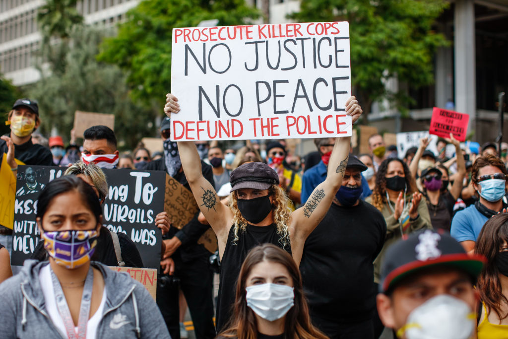People gathered to protest the death of George Floyd and support Black Lives Matter, in downtown Los Angeles, California