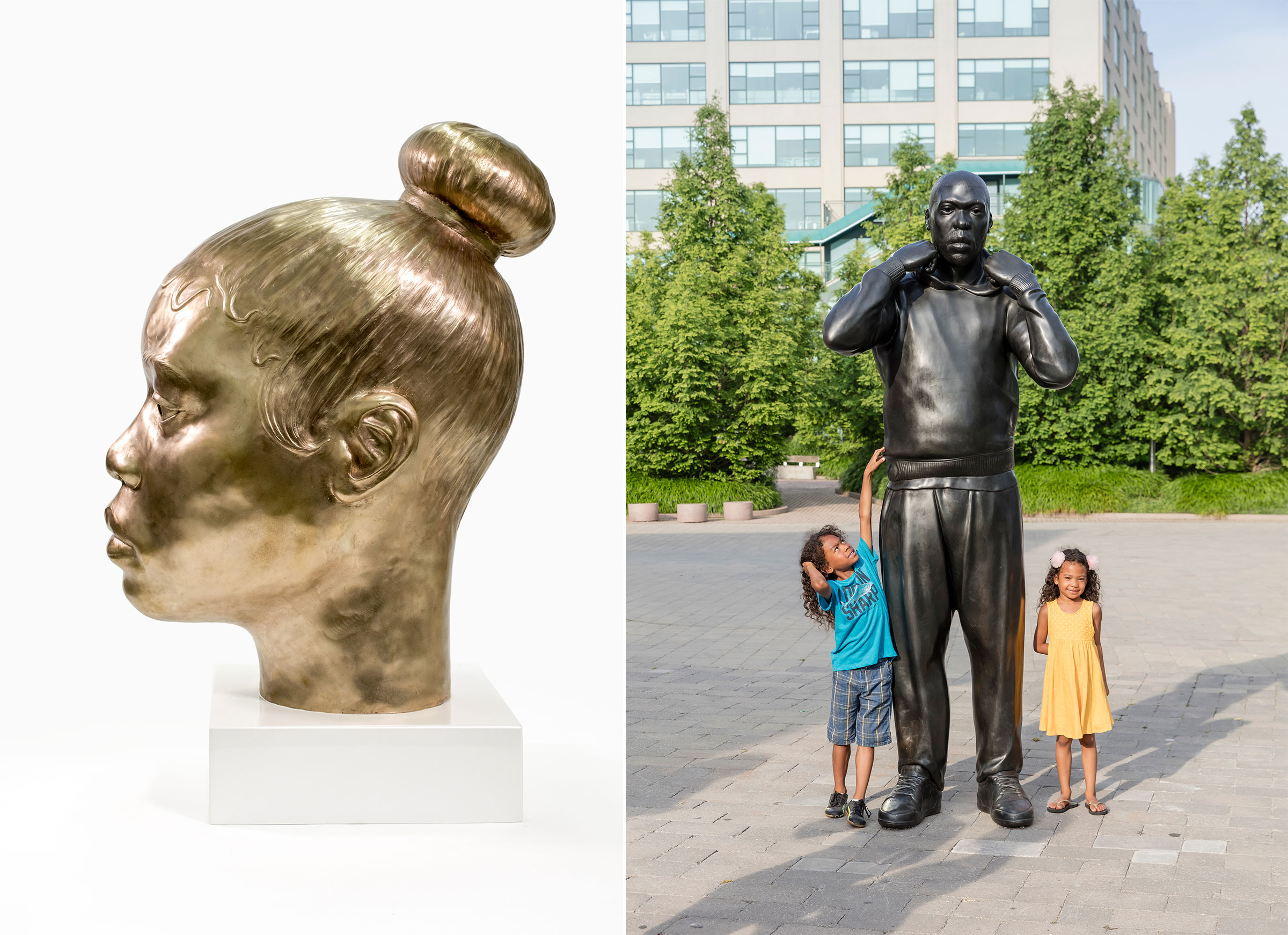 Sculptures by Thomas Price Left: "Lay It Down (On The Edge Of Beauty)", 2018, Thomas J Price; Right: "Cover Up (The Reveal)", 2019, Thomas J Price