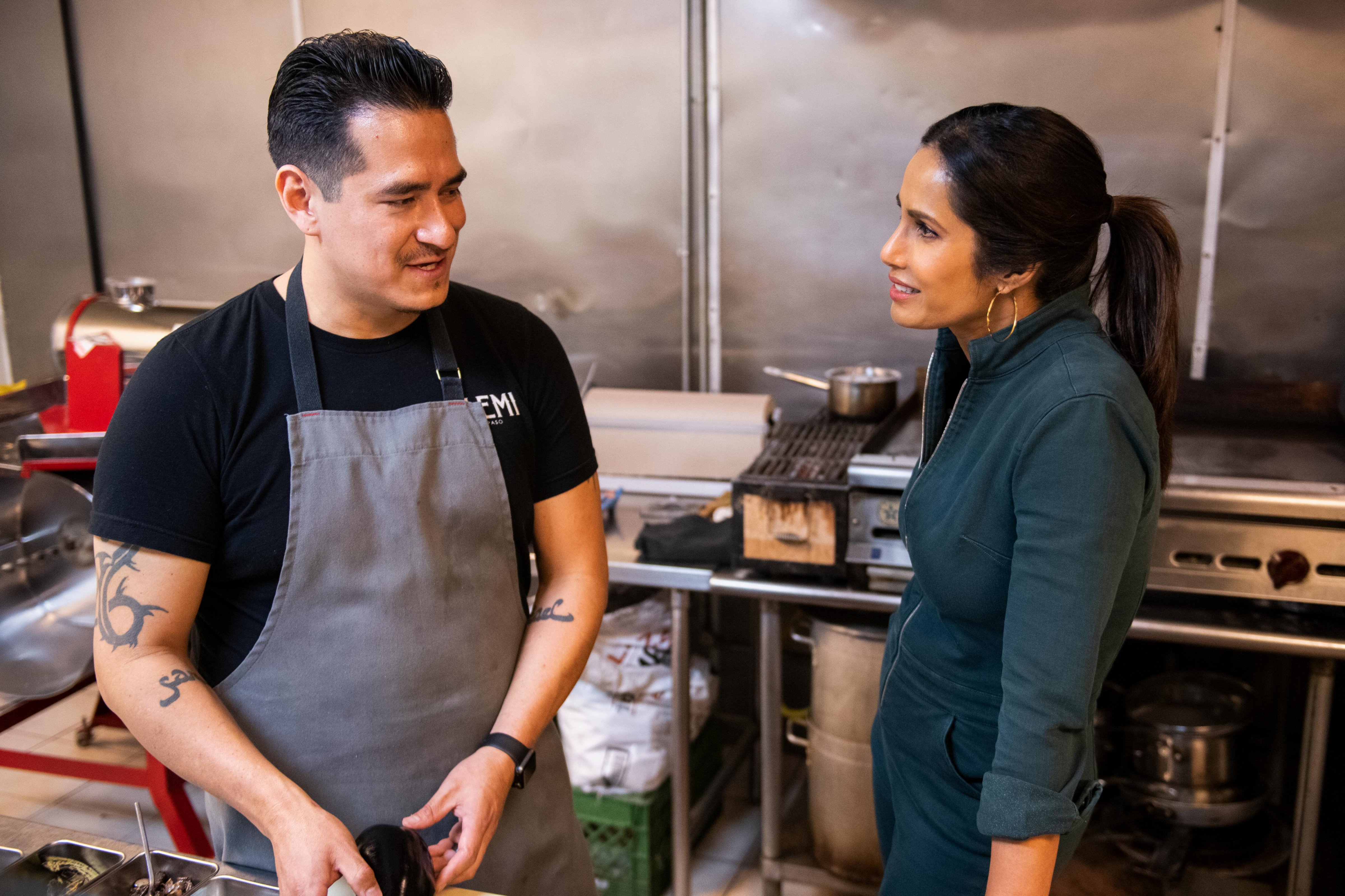 Padma Lakshmi with chef Emiliano Marentes of El Paso's Elemi in 'Taste the Nation' (Dominic Valente/Hulu)
