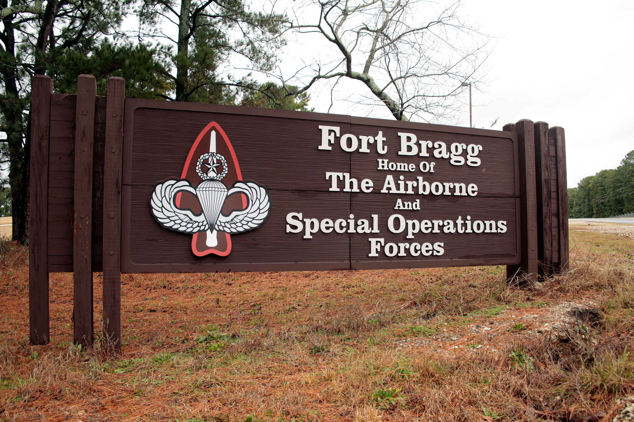 The sign for Fort Bragg in N.C., on Jan. 4, 2020. Defense Secretary Mark Esper and Army Secretary Ryan McCarthy, both former Army officers, put out word that they are “open to a bipartisan discussion” of renaming Army bases like North Carolina’s Fort Bragg that honor Confederate officers associated by some with the racism of that tumultuous time. (Chris Seward—AP)