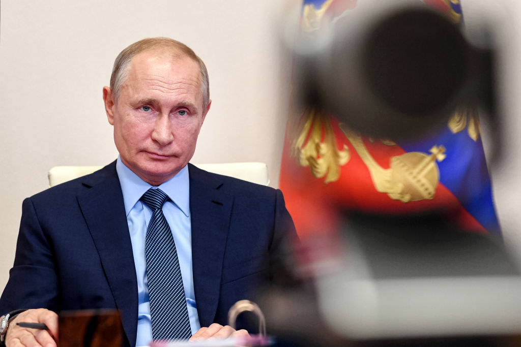Russian President Vladimir Putin attends a meeting with health workers via videoconference at the Novo-Ogaryovo state residence outside Moscow on June 20, 2020. (ALEXEY NIKOLSKY&mdash;SPUTNIK/AFP/Getty Images)
