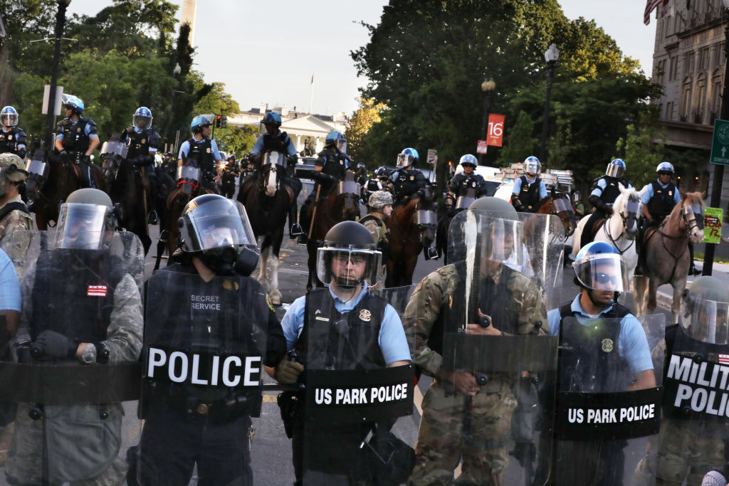 Police block 16th Street in Washington, DC on June 1, 2020. (Photo by Evelyn Hockstein for The Washington Post via Getty Images) (Evelyn Hockstein–The Washington Post/Getty Images)
