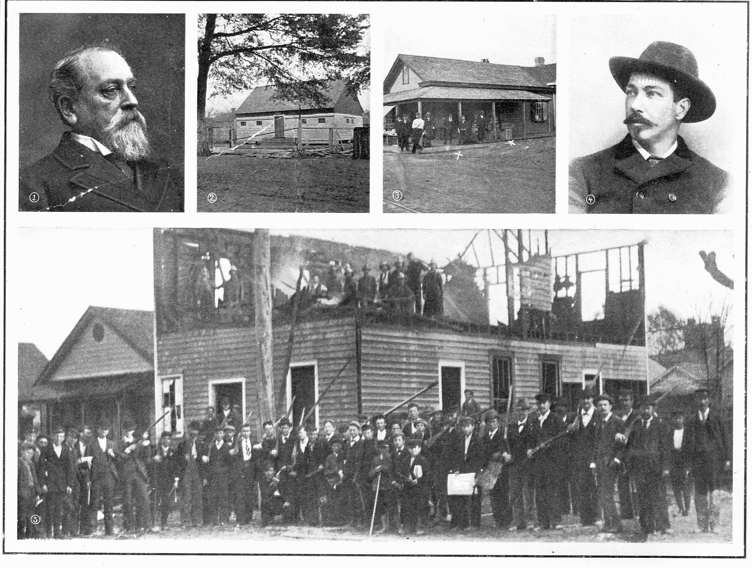 Coup in Wilmington, N.C., 1898: (1) Dr. S.P. Wright, the deposed mayor; (2) Armory, HQ of troops; (3) shanty where shooting took place; (4) Editor A.L. Manley, of the 