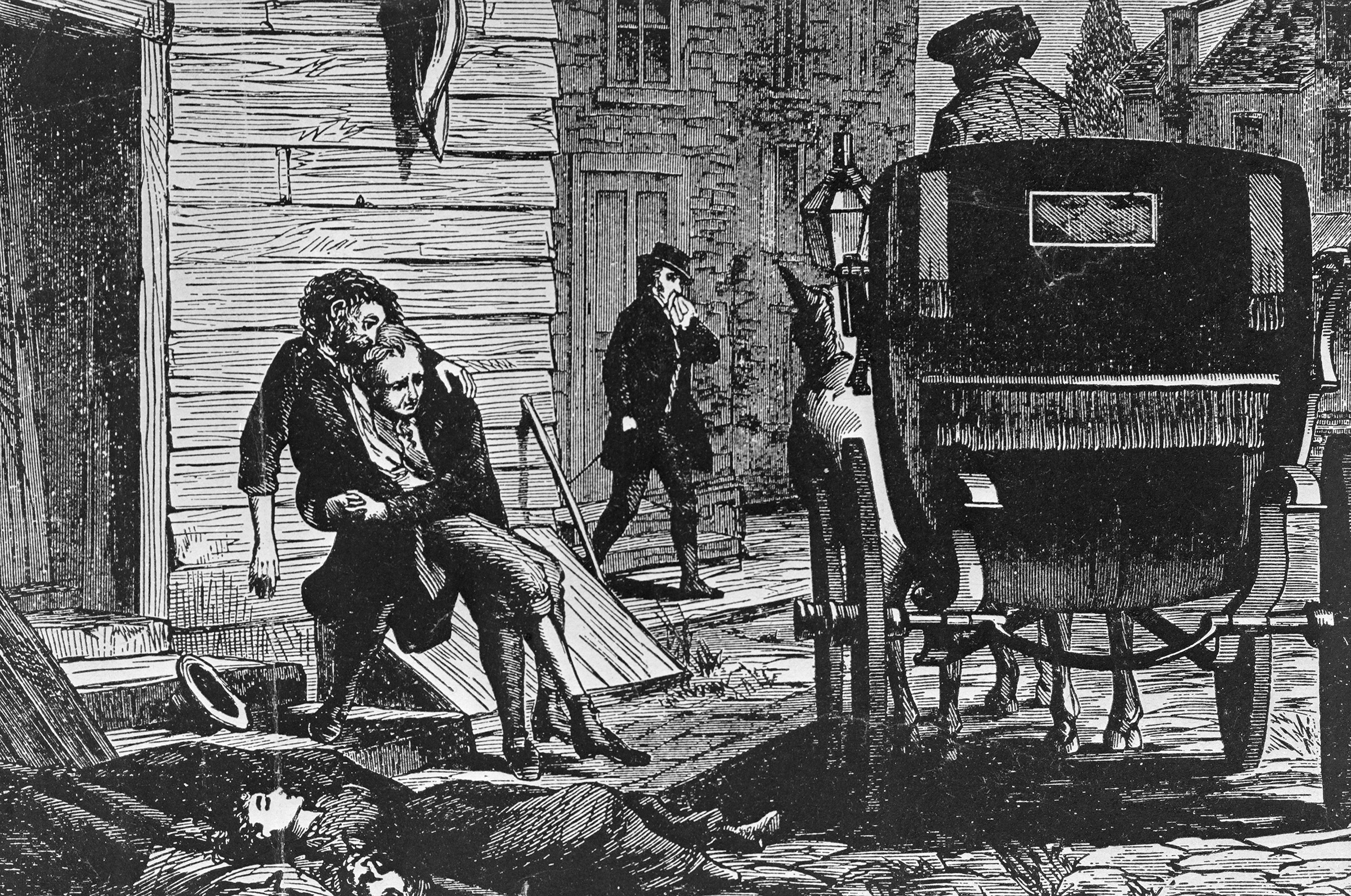 Woodcut print depicts yellow fever epidemic in Philadelphia, 1793. Carriages rumbled through the streets to pick up the dying and the dead. (Bettmann Archive/Getty Images)