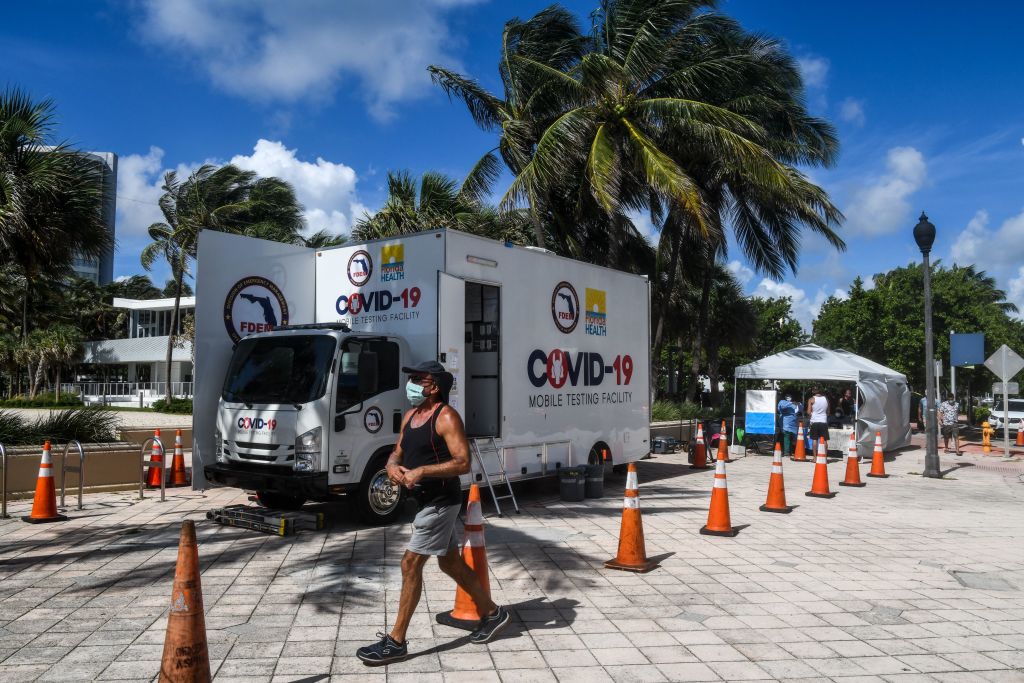 A man walks past the Aardvark Mobile Health's Mobile Covid-19 Testing Truck in Miami Beach, on July 24. (CHANDAN KHANNA / Contributor)
