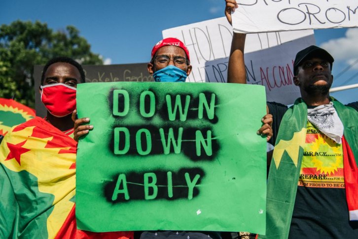 Members of the Oromo community march in protest after the death of musician and revolutionary Hachalu Hundessa on July 8, 2020 in St. Paul, Minnesota.