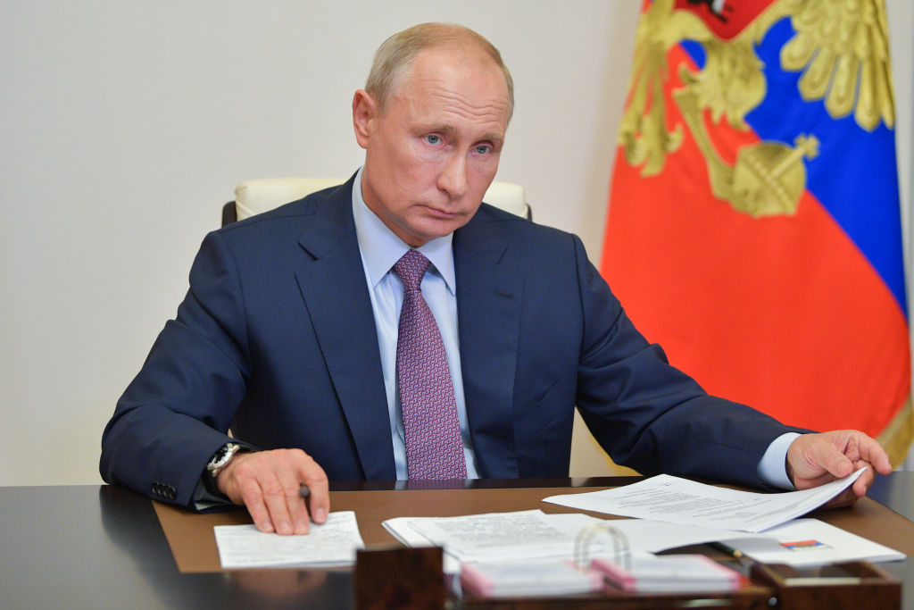 Russia's President Vladimir Putin holds a video conference meeting of the Pobeda [Victory] Russian Organizing Committee at Novo-Ogaryovo residence on July 2, 2020 (Alexei Druzhinin—TASS via Getty Images)