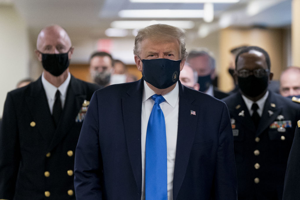 President Donald Trump wears a protective mask while visiting Walter Reed National Military Medical Center in Bethesda, Maryland, on July 11, 2020. (Chris Kleponis — Polaris/Bloomberg/Getty Images)