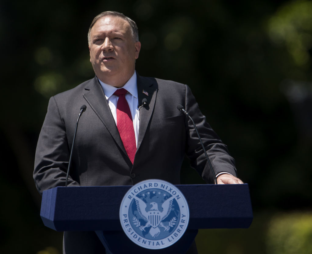 Michael Pompeo, U.S. secretary of state, speaks at the Richard Nixon Presidential Library & Museum in Yorba Linda, California, U.S., on Thursday, July 23, 2020. (Eric Thayer/Bloomberg via Getty Images)