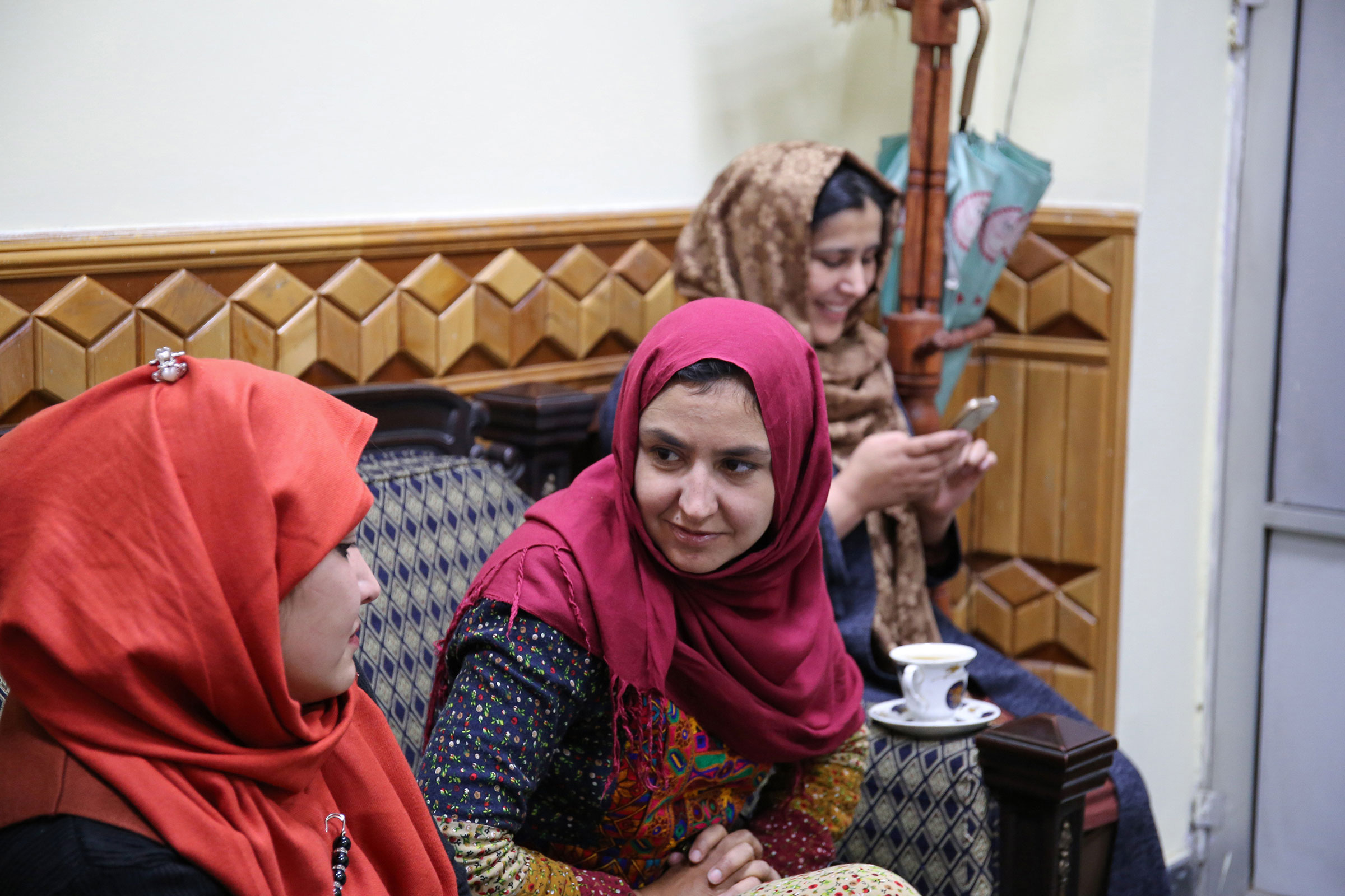Members of Mirman Baheer, a nationwide women’s literary society meet in an office in Kabul, the capital. Mirman Baheer meets in a different secret location each week. (Lynzy Billing)