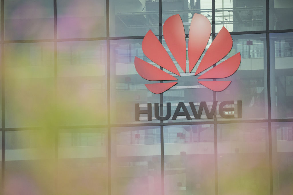 A Huawei Technologies Co. logo hangs above the entrance to the company's offices in Reading, U.K., on Monday, July 13, 2020. (Bloomberg via Getty Images&mdash;© 2020 Bloomberg Finance LP)