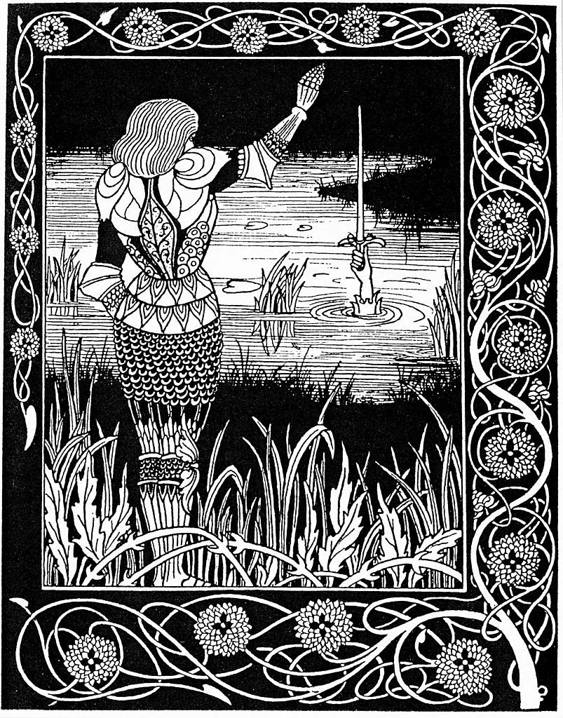 Excalibur being reclaimed by the Lady of the Lake, 1893. A hand emerging from the lake to reclaim Excalibur, the sword which, according to legend, the young Arthur pulled from the stone to prove he was the rightful king. The sword was returned to the lake upon Arthur's death. From Thomas Malory's Le Morte Darthur. (Print Collector/Getty Images—Ann Ronan Picture Library / Heritage Images)