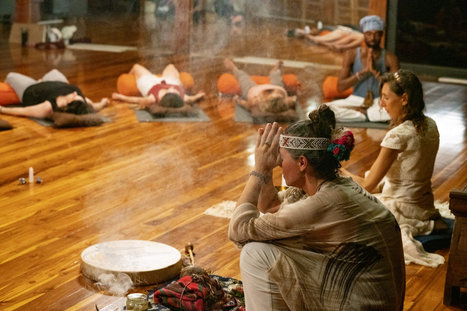 The cast of 'Lost Resort' takes a sound bath (Felicia Graham/TBS)