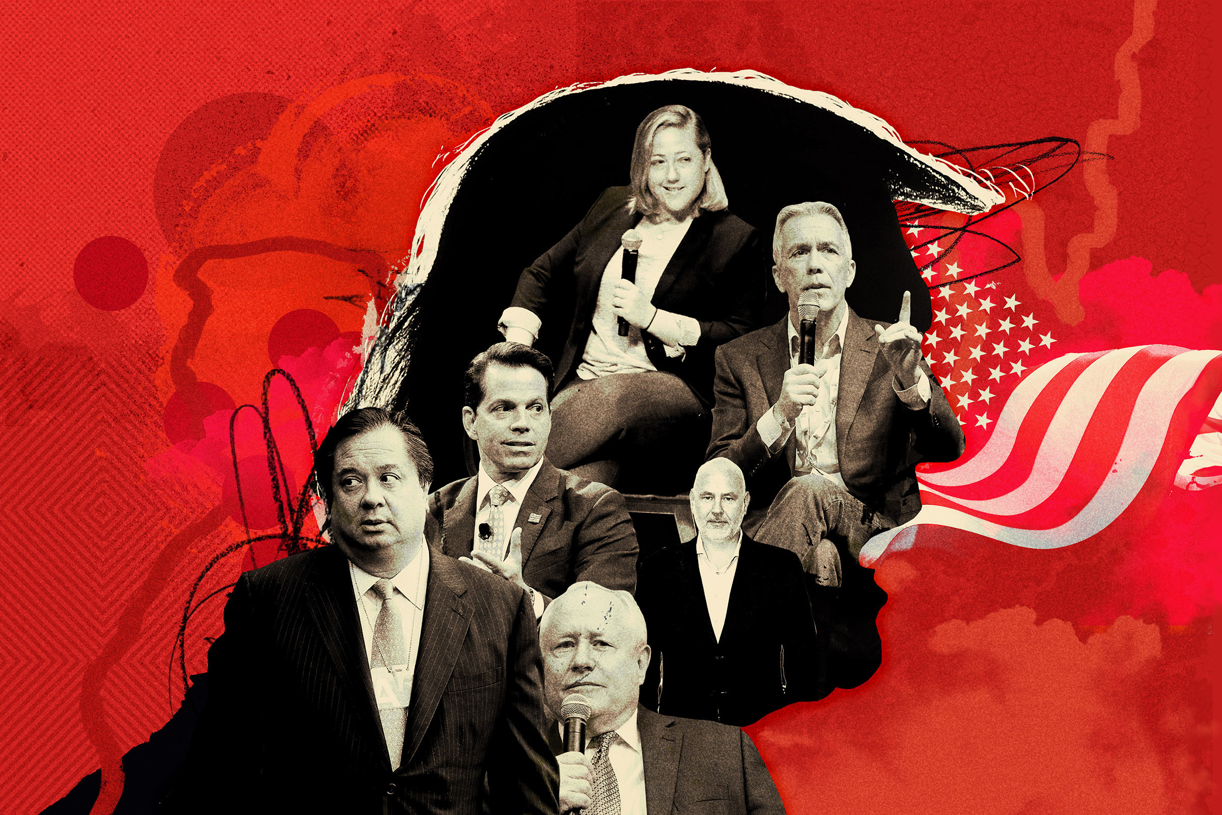 Clockwise from top: Trump critics Sarah Longwell, Joe Walsh, Steve Schmidt, Bill Kristol, George Conway and Anthony Scaramucci are working to defeat the President in November (Illustration by Eleanor Shakespeare for TIME)