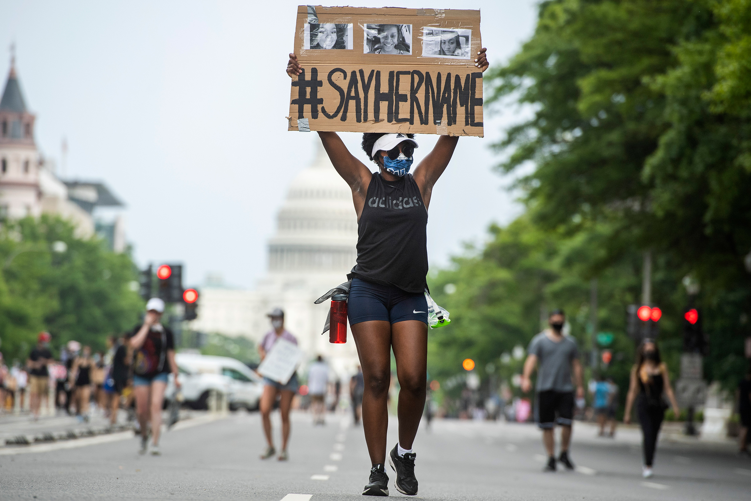 A demonstrator marches on Pennsylvania Avenue in Washington, D.C., on June 6, 2020.