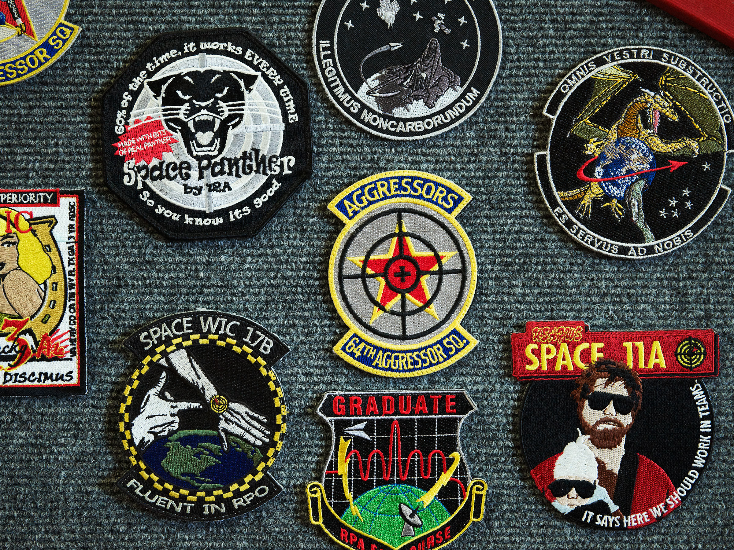 Squadron emblem patches at 527th Space Aggressors Squadron at Schriever Air Force Base in Colorado Springs, Colorado.