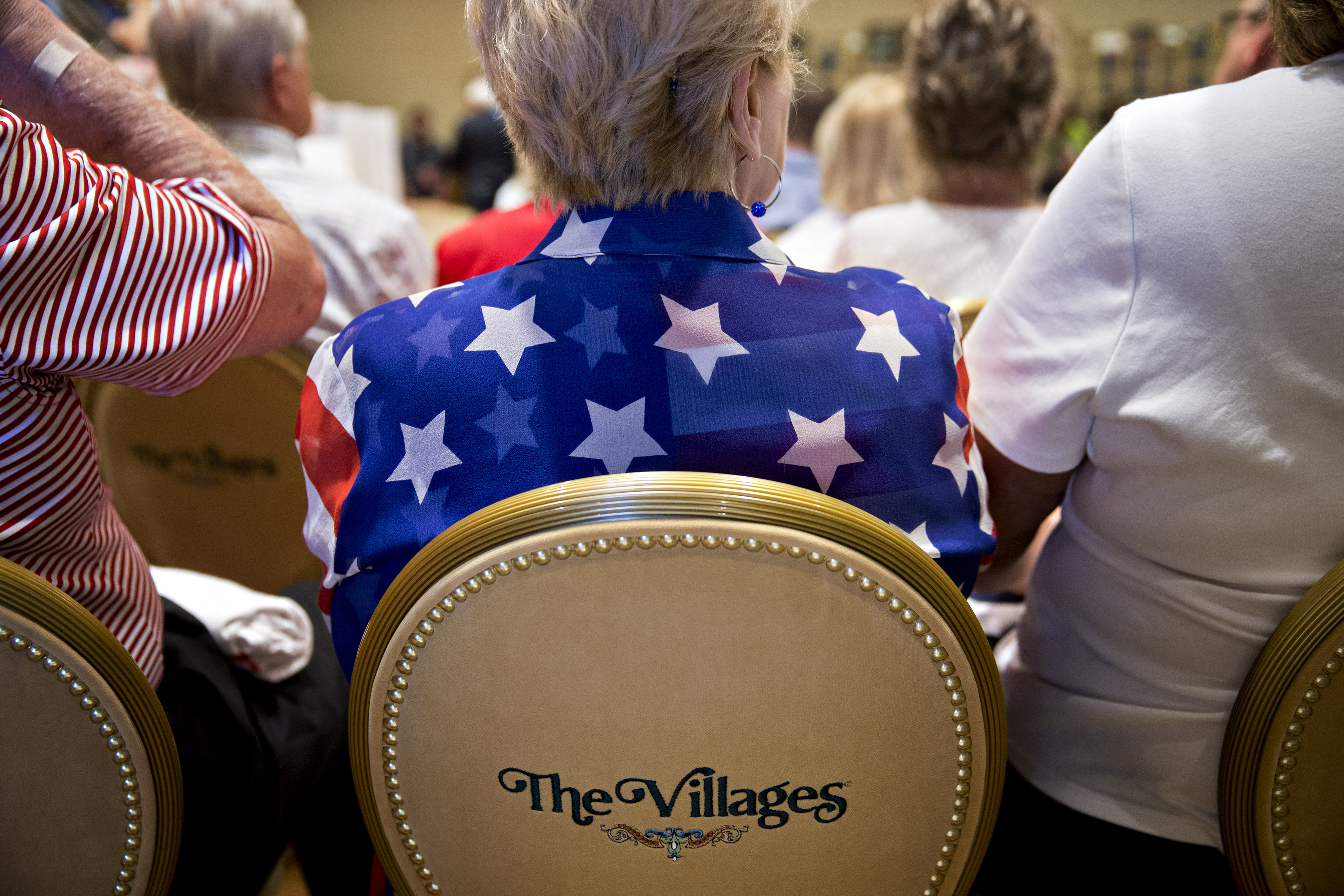An attendee wears an American flag themed shirt before a campaign rally with Sen. Marco Rubio, then a 2016 presidential candidate, at the Rohan Recreation Center in The Villages, Florida, on Sunday, March 13, 2016.