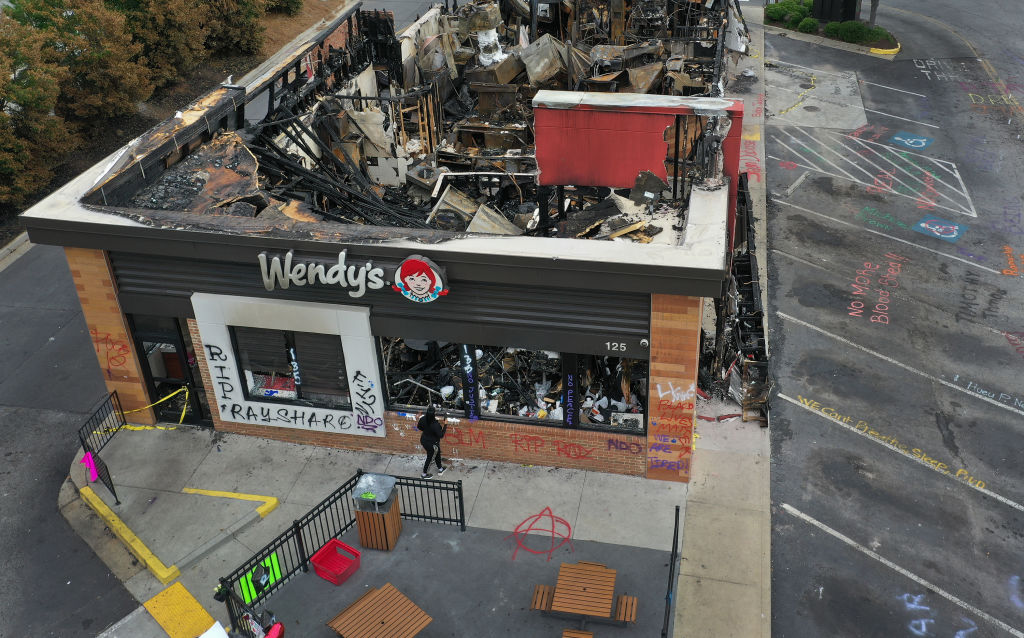 The Wendy's restaurant that was set on fire by demonstrators after Rayshard Brooks was killed is seen on June 17, 2020 in Atlanta, Georgia. (Joe Raedle/Getty Images)