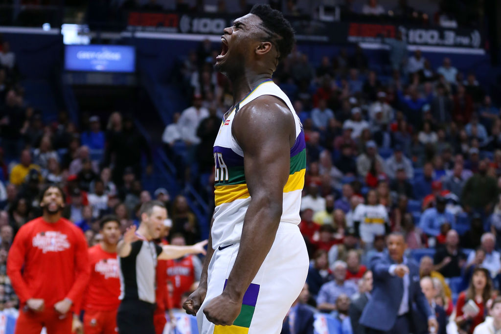 Zion Williamson #1 of the New Orleans Pelicans celebrates during the second half against the Milwaukee Bucks at the Smoothie King Center on February 4, 2020 in New Orleans, Louisiana. (Jonathan Bachman—Getty Images)