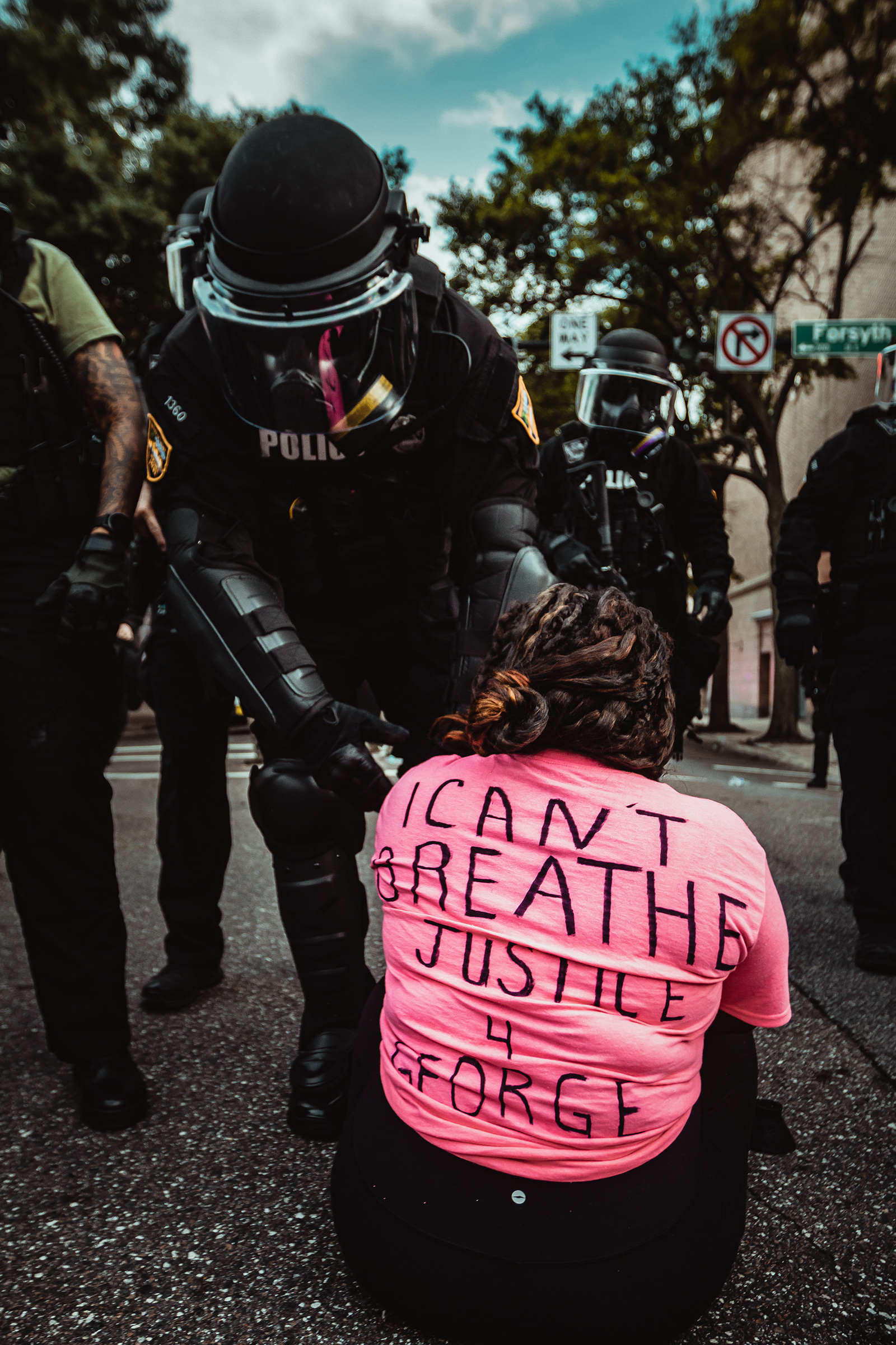 Police arrest Coricia Campbell during a Black Lives Matter protest in Jacksonville, Fla., on May 30. (Ashley N Whitmer)