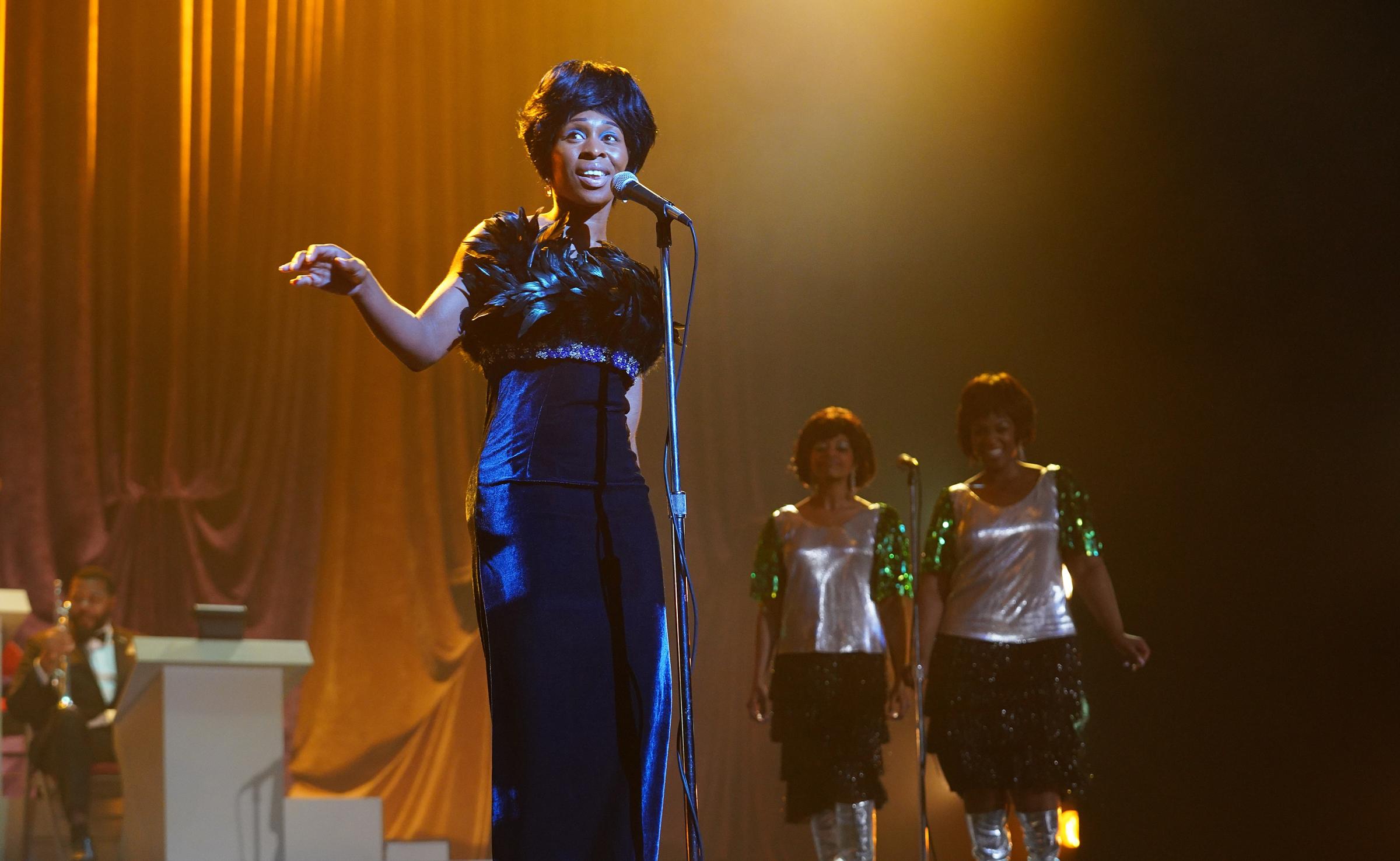 L to R: Cynthia Erivo as Aretha Franklin, Rebecca Naomi Jones as Carolyn Franklin and Patrice Covington as Erma Franklin in National Geographic's GENIUS: ARETHA. (Credit: National Geographic/Richard DuCree)