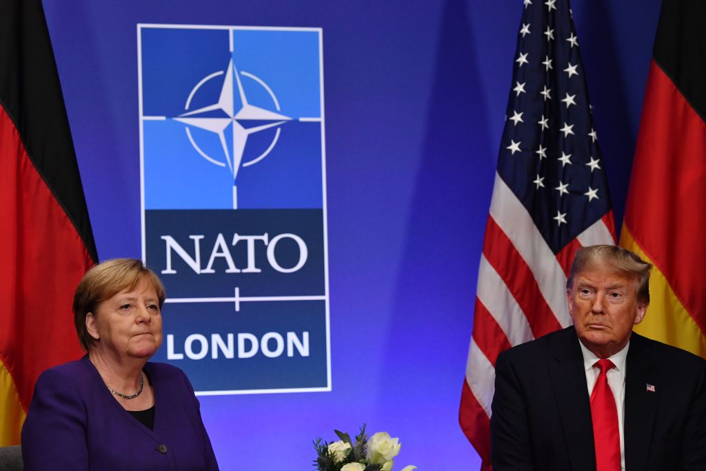 German Chancellor Angela Merkel and U.S. President Donald Trump hold a bilateral meeting on the sidelines of the NATO summit in Watford, UK, on December 4, 2019. (Nicholas Kamm —AFP/Getty Images)