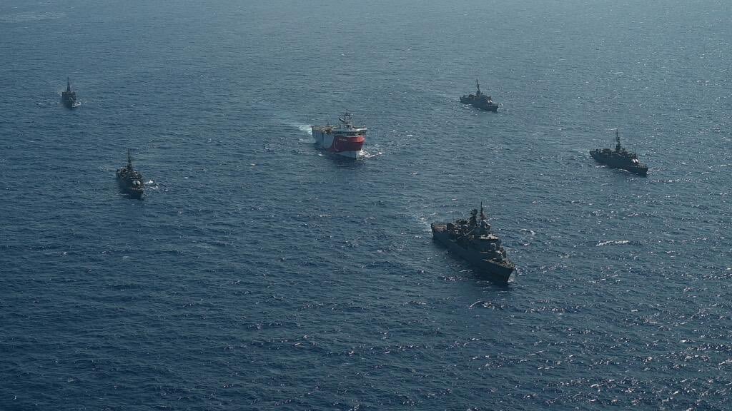 Turkey's MTA Oruc Reis seismic vessel, which is escorted by Turkish navy, is seen offshores of Eastern Mediterranean on August 10, 2020. (Ministry of National Defense—Anadolu Agency/Getty Images)