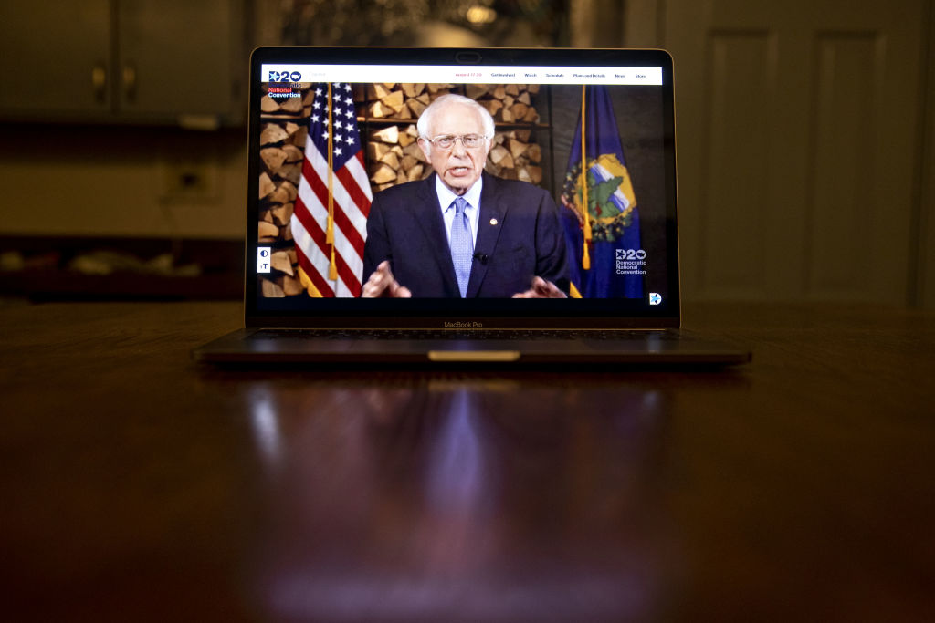 Senator Bernie Sanders, an independent from Vermont, speaks during the virtual Democratic National Convention seen on a laptop computer in Tiskilwa, Illinois, U.S., on Aug. 17, 2020. (Daniel Acker—Bloomberg/Getty Images)