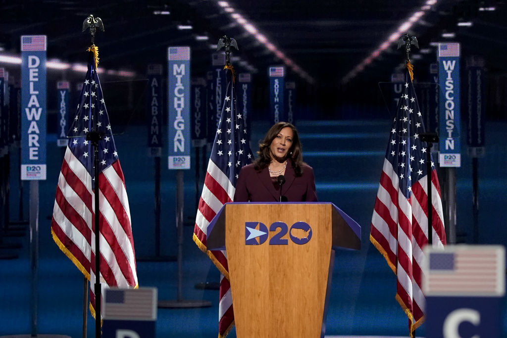 Senator Kamala Harris, Democratic vice presidential nominee, speaks during the Democratic National Convention at the Chase Center in Wilmington, Delaware, on Aug. 19, 2020. (Stefani Reynolds—Bloomberg/Getty Images)