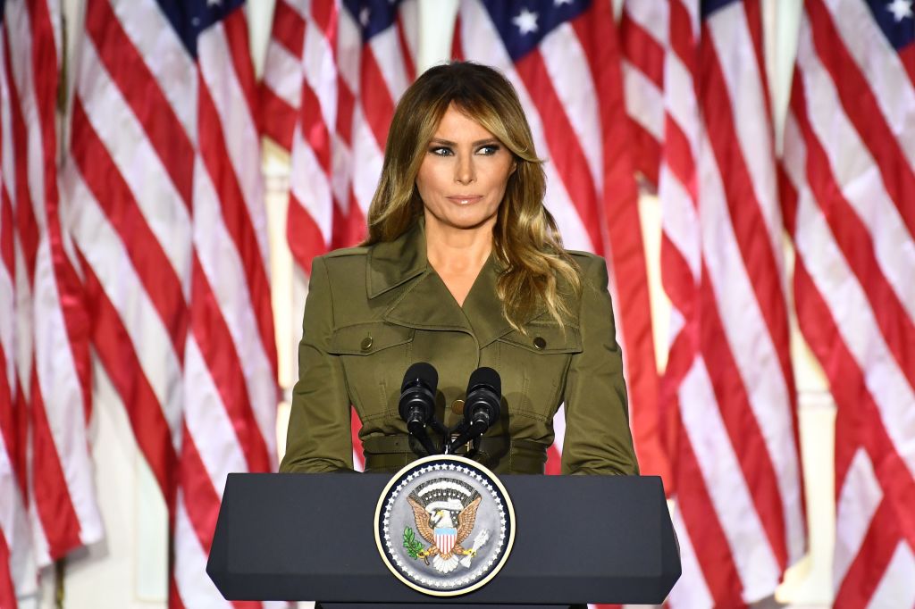 US First Lady Melania Trump addresses the Republican Convention during its second day from the Rose Garden of the White House in Washington, DC, on August 25, 2020. (Brendan Smialowski—AFP/Getty Images)