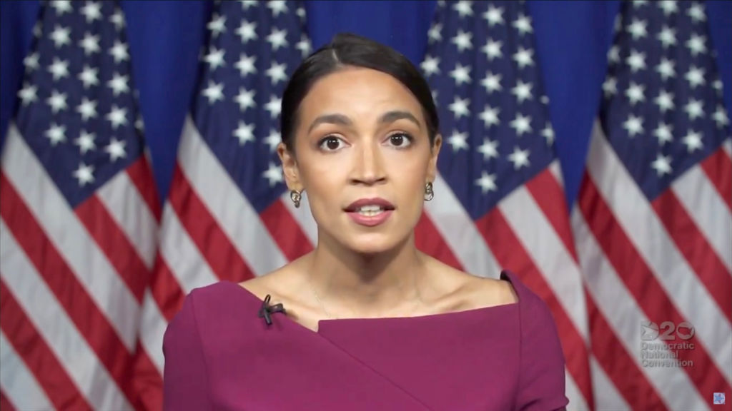 In this screenshot from the DNCC’s livestream of the 2020 Democratic National Convention, Rep. Alexandria Ocasio-Cortez (D-NY) addresses the virtual convention on August 18, 2020. (Handout/DNCC — Getty Images)