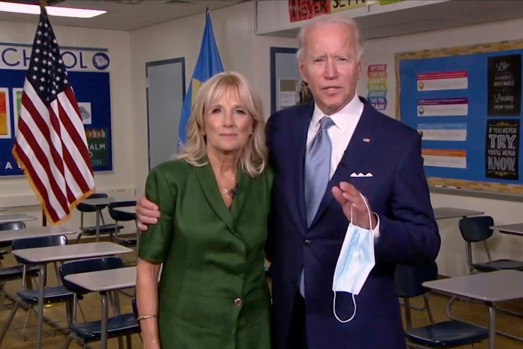 In this screenshot from the DNCC’s livestream of the 2020 Democratic National Convention, Democratic presidential nominee former Vice President Joe Biden joins Former U.S. Second Lady Dr. Jill Biden in a classroom after she addressed the virtual convention on August 18, 2020. (2020 DNCC— Getty Images)
