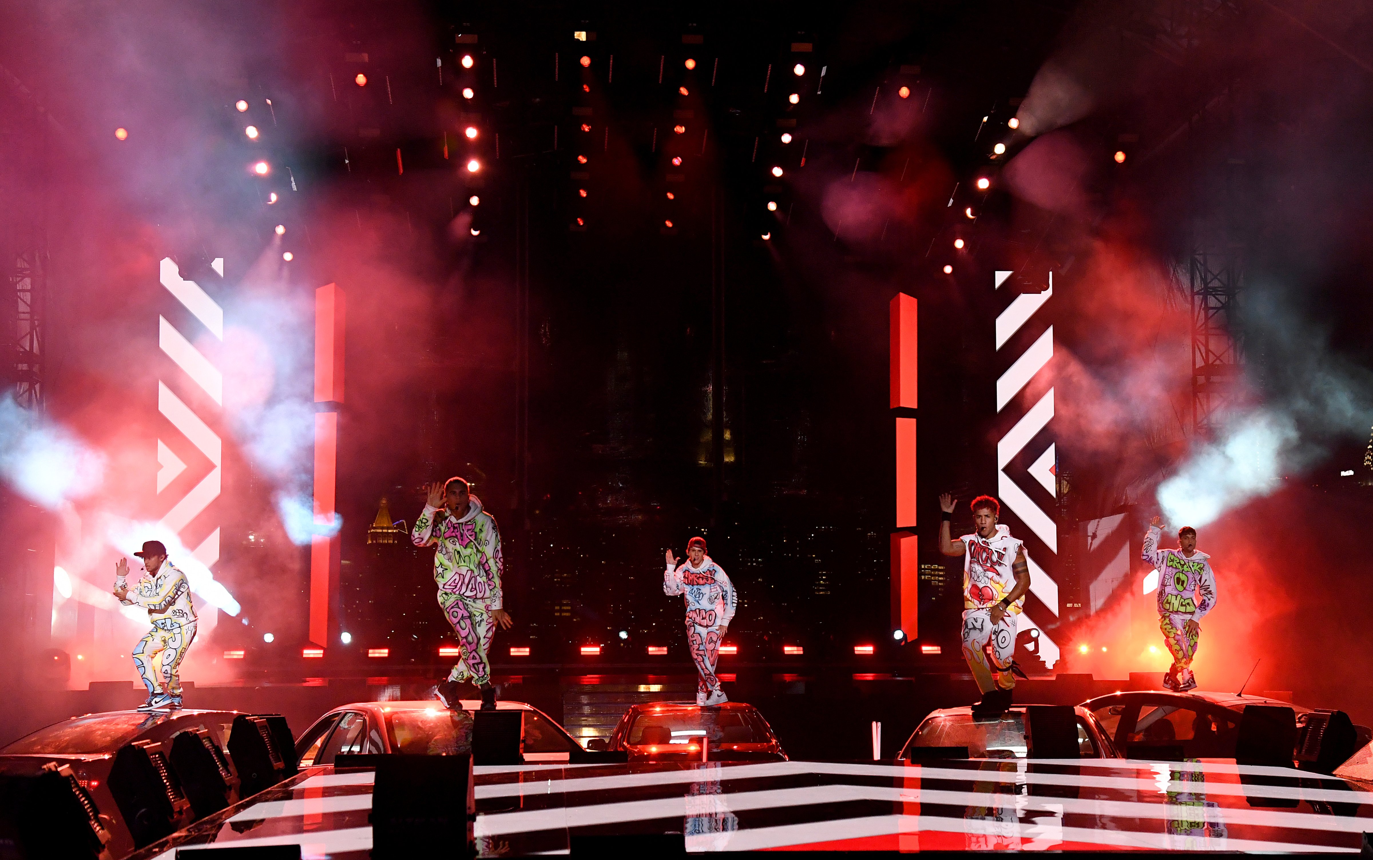CNCO performs at the 2020 MTV Video Music Awards at the Skyline Drive-In in New York City. (Kevin Mazur/MTV VMAs 2020/Getty Images for MTV)