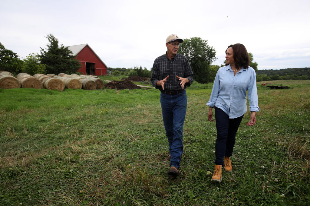 Then-Democratic presidential candidate U.S. Sen. Kamala Harris talks with farmer Matt Russell, who advocates for incorporating agriculture in climate solutions, while touring the Coyote Run Farm on August 11, 2019 in Lacona, Iowa. (Justin Sullivan—Getty Images)