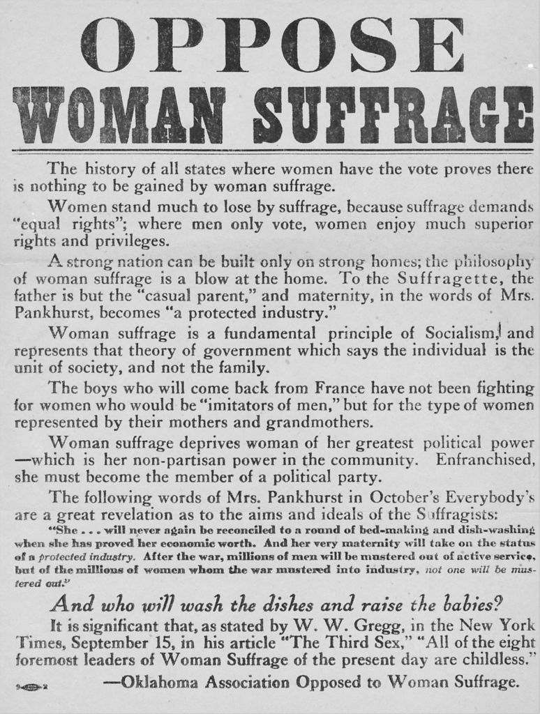 A circa 1918 anti-suffrage poster or broadside, issued by the Oklahoma Association Opposed to Woman Suffrage. (Florey Suffrage Collection/Gado—Getty Images)